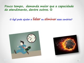 11
Pouco tempo, demanda maior que a capacidade
de atendimento, dentre outros. 
O Ágil pode ajudar a lidar ou eliminar esses cenários?
 
