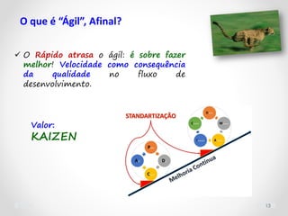 13
O que é “Ágil”, Afinal?
 O Rápido atrasa o ágil: é sobre fazer
melhor! Velocidade como consequência
da qualidade no fluxo de
desenvolvimento.
Valor:
KAIZEN
 