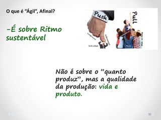 20
-É sobre Ritmo
sustentável
O que é “Ágil”, Afinal?
Não é sobre o “quanto
produz”, mas a qualidade
da produção: vida e
produto.
 
