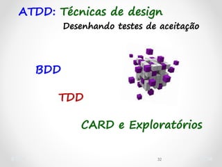 32
ATDD: Técnicas de design
BDD
TDD
CARD e Exploratórios
Desenhando testes de aceitação
 