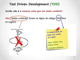 34
Então não é a mesma coisa que um teste unitário?
Não, “testes unitários” focam na lógica do código, TDD foca
no negócio.
Test Driven Development (TDD)
 