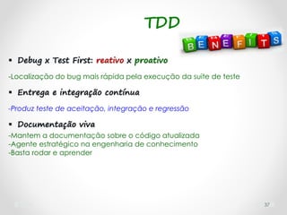37
 Debug x Test First: reativo x proativo
-Localização do bug mais rápida pela execução da suite de teste
 Entrega e integração contínua
-Produz teste de aceitação, integração e regressão
 Documentação viva
-Mantem a documentação sobre o código atualizada
-Agente estratégico na engenharia de conhecimento
-Basta rodar e aprender
TDD
 