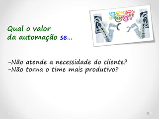55
Qual o valor
da automação se…
-Não atende a necessidade do cliente?
-Não torna o time mais produtivo?
 