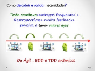 Teste continuo+entregas frequentes +
Restropectivas+ muito feedback+
envolva o time+ valores ágeis
58
Como descobrir e validar necessidades?
Ou Ágil , BDD e TDD anêmicos
 