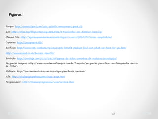 67
Figuras
Parque: http://sweetclipart.com/cute-colorful-amusement-park-53
Zoo: http://ohlsd.org/blogs/elearning/2012/02/14/columbus-zoo-distance-learning/
Menino foto: http://agoraaquiamanhanaosesabe.blogspot.com.br/2010/05/coisas-simples.html
Capoeira: http://cncapoeira.info/
Benficios: http://www.vph-institute.org/news/vphi-benefit-package-find-out-what-we-have-for-you.html
http://www.ebpwb.co.uk/business-benefits/
Evolução: http://ovnihoje.com/2015/08/10/espaco-do-leitor-caminhos-da-evolucao-tecnologica/
Perguntas imagens: http://www.encontresuafranquia.com.br/franquias/perguntas-para-fazer-ao-franqueador-antes-
de-fechar-
Melhoria: http://caetanodeoliveira.com.br/category/melhoria_continua/
Tdd: http://singlepageappbook.com/single-page.html
Programador: http://pleasantprogrammer.com/archive.html
 