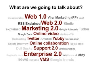 What are we going to talk about?

           Web 1.0 Viral Marketing (PP)
 time consumption                                         travel


        RSS Explained Web 2.0 Kindle
explained Marketing 2.0 Google Adwords Tudou
           Google Docs   Online video elections 2.0
     MultitaskingTwitter Amazon Yubby Co-Creation
 Google Streetview Online collaboration Social tools

         Dell Sucks      Support 2.0 Viral Marketing
Kryptonite Lock     Enterprise 2.0         VMS Zoomz HD   ebay
          news resume VMS Google trends
 