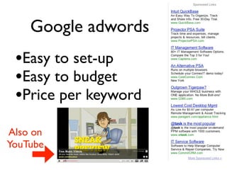 Google adwords
 •Easy to set-up
 •Easy to budget
 •Price per keyword
Also on
YouTube
 