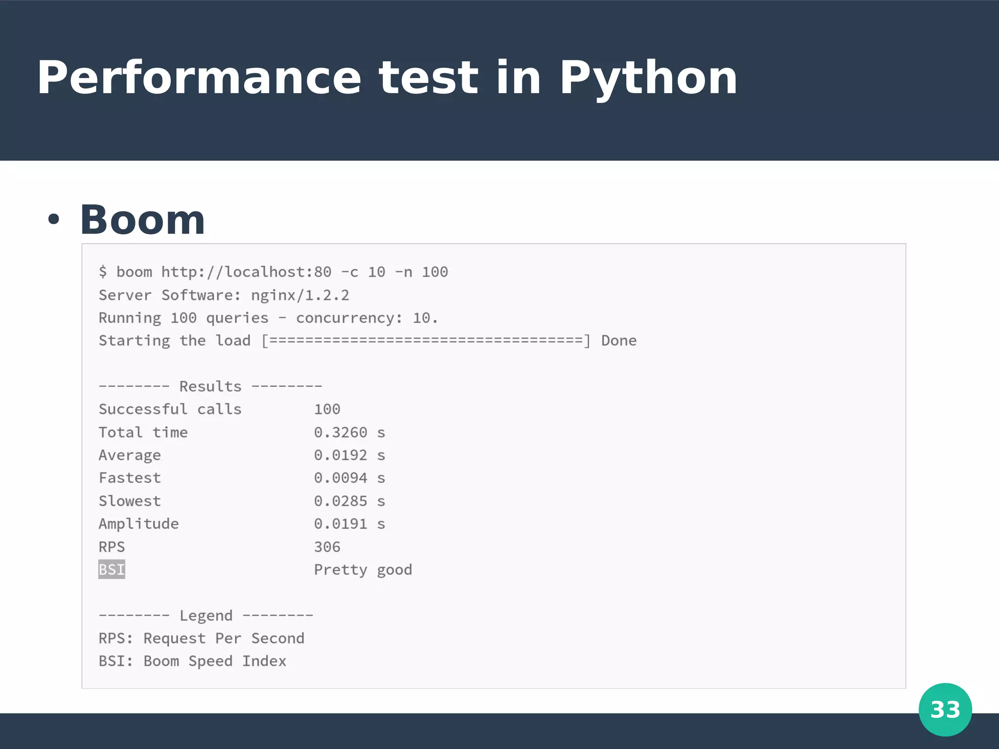 33
Performance test in Python
●
Boom
 