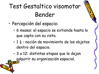 Test Gestaltico visomotor Bender Percepción del espacio:  6 meses: el espacio se extiende hasta lo que capta con su vista. 1 ½ : noción de movimiento de los objetos dentro del espacio.  3 a 12: distintas etapas que le dejan adquirir su organización espacial.  