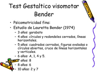 Test Gestaltico visomotor Bender Psicomotricidad fina:  Estudio de Lauretta Bender (1974) 3 años: garabato 4 años: círculos y redondeles cerrados, líneas horizontales. 5 años: cuadrados cerrados, figuras ovaladas o círculos abiertos, cruce de líneas horizontales y verticales.  6 años: A, 1, 4 y 5.  7 años: 8 8 años: 6 10 años: 2 y 7  11 años: Todas 