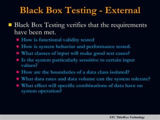 Black Box Testing - External <ul><li>Black Box Testing verifies that the requirements have been met. </li></ul><ul><ul><li...