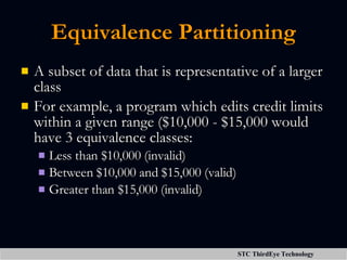 Equivalence Partitioning <ul><li>A subset of data that is representative of a larger class </li></ul><ul><li>For example, ...