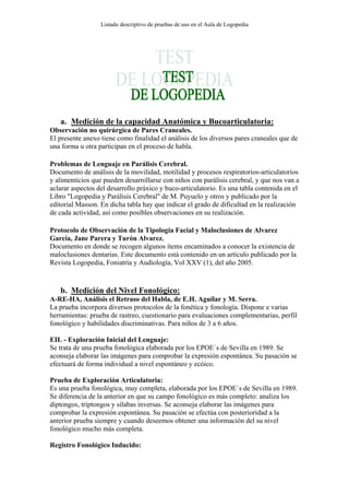 Listado descriptivo de pruebas de uso en el Aula de Logopedia




   a. Medición de la capacidad Anatómica y Bucoarticulat...