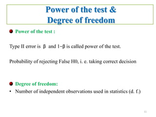 Power of the test &
Degree of freedom
Power of the test :
Type II error is β and 1−β is called power of the test.
Probabil...