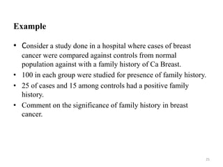 Example
• Consider a study done in a hospital where cases of breast
cancer were compared against controls from normal
popu...