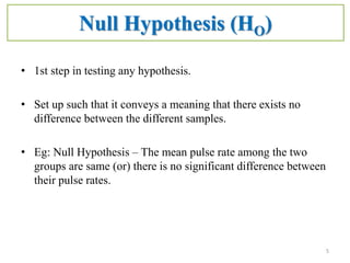 Null Hypothesis (HO)
• 1st step in testing any hypothesis.
• Set up such that it conveys a meaning that there exists no
di...