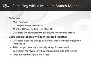 Replacing with a Mainline Branch Model


• Databases
   – Main Database
       • Responsible for all table ID’s
   – All other DB’s derive from the Main DB
   – Databases will correspond to the equivalent Perforce Branch
• Code and Databases will be integrated together
   – Databases track the change list number they have been integrated
     from and to
   – Table merges occur automatically except for row conflicts
   – Conflicts at the row resolved by choosing one side or the other
   – Does not handle all potential issues
 