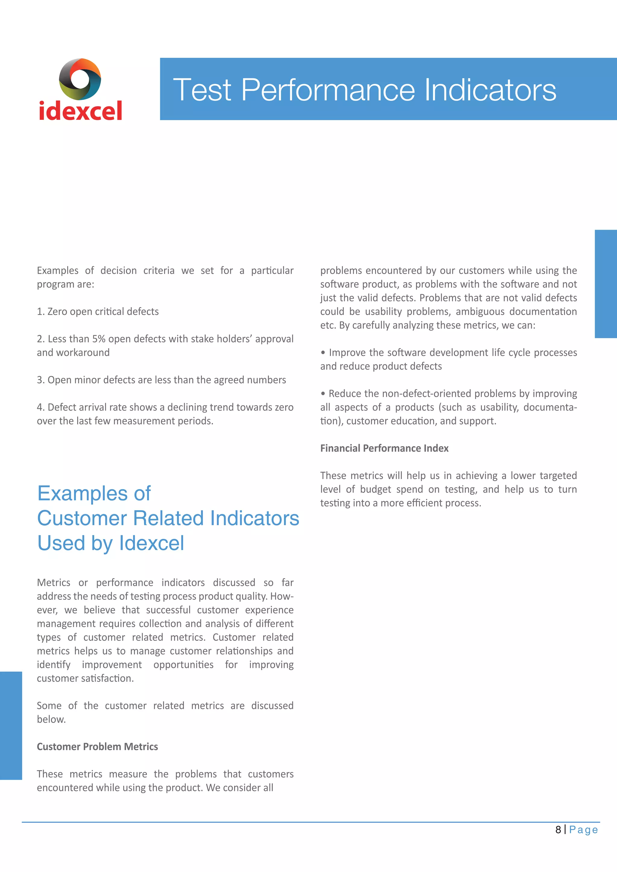 8 Page
idexcel
Examples of decision criteria we set for a particular
program are:
1. Zero open critical defects
2. Less than 5% open defects with stake holders’ approval
and workaround
3. Open minor defects are less than the agreed numbers
4. Defect arrival rate shows a declining trend towards zero
over the last few measurement periods.
Metrics or performance indicators discussed so far
address the needs of testing process product quality. How-
ever, we believe that successful customer experience
management requires collection and analysis of diﬀerent
types of customer related metrics. Customer related
metrics helps us to manage customer relationships and
identify improvement opportunities for improving
customer satisfaction.
Some of the customer related metrics are discussed
below.
Customer Problem Metrics
These metrics measure the problems that customers
encountered while using the product. We consider all
Test Performance Indicators
Examples of
Customer Related Indicators
Used by Idexcel
problems encountered by our customers while using the
software product, as problems with the software and not
just the valid defects. Problems that are not valid defects
could be usability problems, ambiguous documentation
etc. By carefully analyzing these metrics, we can:
• Improve the software development life cycle processes
and reduce product defects
• Reduce the non-defect-oriented problems by improving
all aspects of a products (such as usability, documenta-
tion), customer education, and support.
Financial Performance Index
These metrics will help us in achieving a lower targeted
level of budget spend on testing, and help us to turn
testing into a more eﬃcient process.
 
