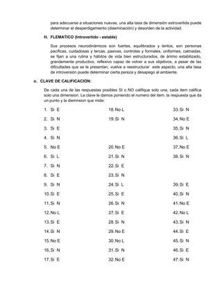 para adecuarse a situaciones nuevas, una alta tasa de dimensión extrovertida puede
       determinar el desperdigamiento (diseminación) y desorden de la actividad.

    H. FLEMATICO (Introvertido - estable)

       Sus procesos neurodinámicos son fuertes, equilibrados y lentos, son personas
       pacíficas, cuidadosas y tercas, pasivas, controlas y formales, uniformes, calmadas,
       se fijan a una rutina y hábitos de vida bien estructurados, de ánimo estabilizado,
       grandemente productivo, reflexivo capaz de volver a sus objetivos, a pesar de las
       dificultades que se le presentan, vuelve a reestructurar este aspecto, una alta tasa
       de introversión puede determinar cierta pereza y desapego al ambiente.

o. CLAVE DE CALIFICACION:

    De cada una de las respuestas posibles SI o NO califique solo una, cada item califica
    solo una dimension. La clave le damos poniendo el numero del item, la respuesta que da
    un punto y la diemnsion que mide:

    1. Si E                            18. No L                            33. Si N

    2. Si N                            19. Si N                            34. No E

    3. Si E                                                                35. Si N

    4. Si N                                                                36. Si L

    5. No E                            20. No E                            37. No E

    6. Si L                            21. Si N                            38. Si N

    7. Si N                            22. Si E

    8. Si E                            23. Si N

    9. Si N                            24. Si L                            39. Si E

    10. Si E                           25. Si E                            40. Si N

    11. Si N                           26. Si N                            41. No E

    12. No L                           27. Si E                            42. No L

    13. Si E                           28. Si N                            43. Si N

    14. Si N                           29. No E                            44. Si E

    15. No E                           30. No L                            45. Si N

    16. Si N                           31. Si N                            46. Si E

    17. Si E                           32. No E                            47. Si N
 