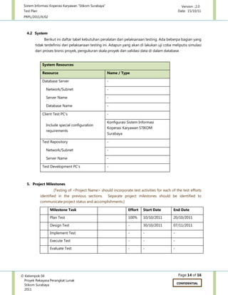 Sistem Informasi Koperasi Karyawan “Stikom Surabaya” Version : 2.0
Test Plan Date: 15/10/11
PRPL/2011/X/02
Page 14 of 16© Kelompok 04
Proyek Rekayasa Perangkat Lunak
Stikom Surabaya
2011
CONFIDENTIAL
4.2 System
Berikut ini daftar tabel kebutuhan peralatan dari pelaksanaan testing. Ada beberpa bagian yang
tidak terdefinisi dari pelaksanaan testing ini. Adapun yang akan di lakukan uji coba meliputis simulasi
dari proses bisnis proyek, pengukuran skala proyek dan validasi data di dalam database.
System Resources
Resource Name / Type
Database Server -
—Network/Subnet -
—Server Name -
—Database Name -
Client Test PC's -
—Include special configuration
—requirements
Konfigurasi Sistem Informasi
Koperasi Karyawan STIKOM
Surabaya
Test Repository -
—Network/Subnet -
—Server Name -
Test Development PC's -
5. Project Milestones
[Testing of <Project Name> should incorporate test activities for each of the test efforts
identified in the previous sections. Separate project milestones should be identified to
communicate project status and accomplishments.]
Milestone Task Effort Start Date End Date
Plan Test 100% 10/10/2011 20/10/2011
Design Test - 30/10/2011 07/11/2011
Implement Test - - -
Execute Test - - -
Evaluate Test - - -
 