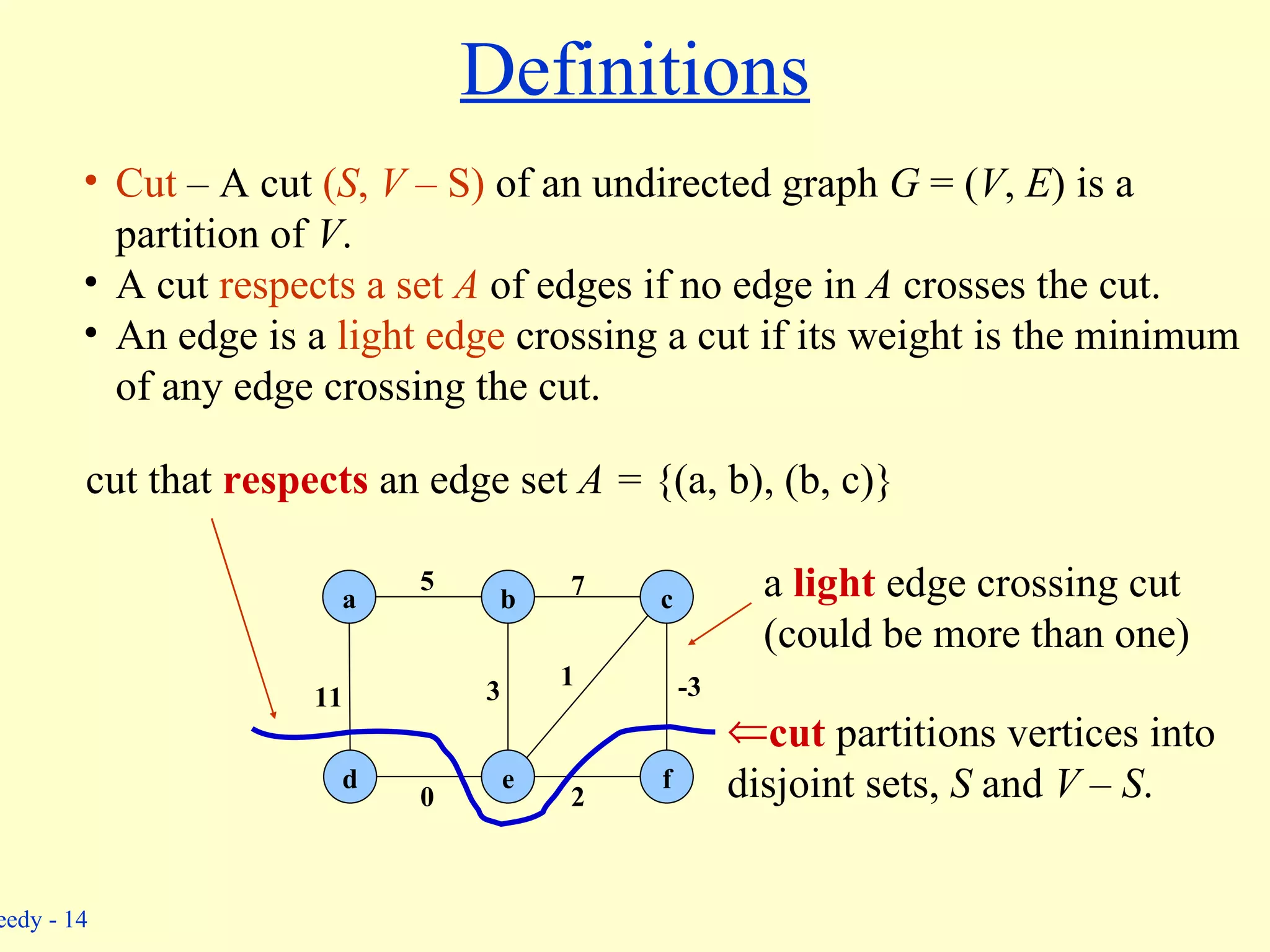 Definitions cut  partitions vertices into disjoint sets,  S  and  V  –  S . b c a d e f 5 11 0 3 1 7 -3 2 a  light  edge crossing cut (could be more than one) cut that  respects  an edge set  A =  {(a, b), (b, c)} Cut  – A cut  ( S ,  V –  S)   of an undirected graph  G  = ( V ,  E ) is a partition of  V . A cut  respects a set  A   of edges if no edge in  A  crosses the cut. An edge is a  light edge  crossing a cut if its weight is the minimum of any edge crossing the cut. 
