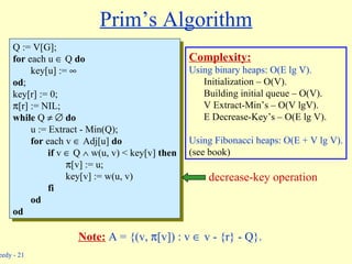 Prim’s Algorithm Q := V[G]; for  each u    Q  do key[u] :=   od ; key[r] := 0;  [r] := NIL; while  Q        do u := Extract - Min(Q); for  each v    Adj[u]  do if  v    Q    w(u, v) < key[v]  then  [v] := u; key[v] := w(u, v) fi od od Complexity: Using binary heaps: O(E lg V). Initialization – O(V). Building initial queue – O(V). V Extract-Min’s – O(V lgV). E Decrease-Key’s – O(E lg V). Using Fibonacci heaps: O(E + V lg V). (see book) Note:   A = {(v,   [v]) : v    v - {r} - Q}. decrease-key operation 