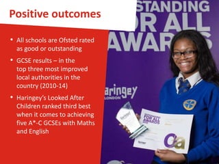 Transforming
Haringey
2015-2018
MTFS to
Deliver £70m
Savings
Corporate
Delivery
Unit
New
Governance
Model
Three-year
Plan for
People and
Place
Workforce
Plan
Community
Partnerships
 