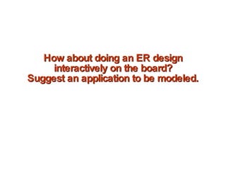 How about doing an ER design interactively on the board? Suggest an application to be modeled. 