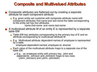 Composite and Multivalued Attributes Composite attributes are flattened out by creating a separate attribute for each component attribute E.g. given entity set  custome r with composite attribute  name  with component attributes  first-name  and  last-name  the table corresponding to the entity set has two attributes   name.first-name   and  name.last-name A multivalued attribute M of an entity E is represented by a separate table EM Table EM has attributes corresponding to the primary key of E and an attribute corresponding to multivalued attribute M E.g.  Multivalued attribute  dependent-names  of  employee  is represented by a table   employee-dependent-names (  employee-id, dname )   Each value of the multivalued attribute maps to a separate row of the table EM E.g.,  an employee entity with primary key  John and  dependents  Johnson and Johndotir maps to two rows:    (John, Johnson) and (John, Johndotir)  