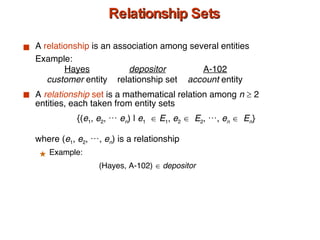Relationship Sets A  relationship  is an association among several entities Example: Hayes depositor A-102 customer  entity relationship set account  entity A  relationship  set  is a mathematical relation among  n     2 entities, each taken from entity sets {( e 1 ,  e 2 , …  e n ) |  e 1      E 1 ,  e 2      E 2 , …,  e n      E n } where ( e 1 ,  e 2 , …,  e n ) is a relationship Example:  (Hayes, A-102)     depositor 