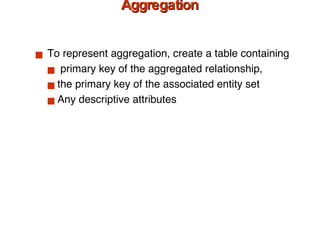 Relations Corresponding to Aggregation To represent aggregation, create a table containing primary key of the aggregated relationship, the primary key of the associated entity set Any descriptive attributes 