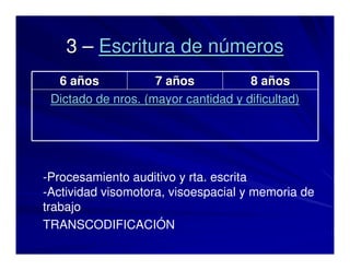 33 –– Escritura de nEscritura de núúmerosmeros
6 a6 aññosos 7 a7 aññosos 8 a8 aññosos
Dictado de nros. (mayor cantidad y dificultad)Dictado de nros. (mayor cantidad y dificultad)
-Procesamiento auditivo y rta. escrita
-Actividad visomotora, visoespacial y memoria de
trabajo
TRANSCODIFICACIÓN
 