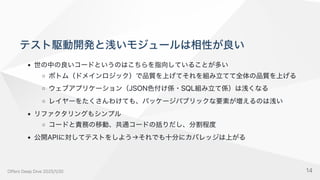 テスト駆動開発と浅いモジュールは相性が良い
世の中の良いコードというのはこちらを指向していることが多い
ボトム（ドメインロジック）で品質を上げてそれを組み立てて全体の品質を上げる
ウェブアプリケーション（JSON色付け係・SQL組み立て係）は浅くなる
レイヤーをたくさんわけても、パッケージパブリックな要素が増えるのは浅い
リファクタリングもシンプル
コードと責務の移動、共通コードの括りだし、分割程度
公開APIに対してテストをしよう→それでも十分にカバレッジは上がる
OffersDeepDive2025/1/30 14
 