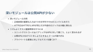 深いモジュールは公開APIが少ない
深いモジュールの例
正規表現の重要な入力は1つの文字列でそれのコンパイルを行う
HTTP/2はHTTP/1とAPIが同じだが内部のロジックは大幅に異なる
リズムよくテスト駆動開発を行うには
ユニットテストコードはパブリックなAPIに対して書こう、とよく言われるが
公開APIにのみテストをしようとするとゴールが遠すぎる
プライベートな要素に対してもテストを書くか？
OffersDeepDive2025/1/30 15
 