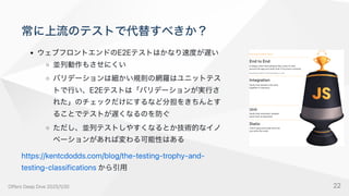 常に上流のテストで代替すべきか？
ウェブフロントエンドのE2Eテストはかなり速度が遅い
並列動作もさせにくい
バリデーションは細かい規則の網羅はユニットテス
トで行い、E2Eテストは「バリデーションが実行さ
れた」のチェックだけにするなど分担をきちんとす
ることでテストが遅くなるのを防ぐ
ただし、並列テストしやすくなるとか技術的なイノ
ベーションがあれば変わる可能性はある
https://kentcdodds.com/blog/the-testing-trophy-and-
testing-classificationsから引用
OffersDeepDive2025/1/30 22
 