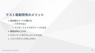 テスト駆動開発のメリット
高品質なコードが書ける
バグが少ない
インターフェイスがクリーンになる
開発効率が上がる
テストコードがドキュメントになる
リファクタリングがしやすい
OffersDeepDive2025/1/30 5
 
