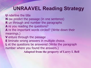 UNRAAVEL Reading Strategy U  nderline the title N  ow predict the passage (in one sentence) R  un through and number the paragraphs A  re you reading the questions? A  re the important words circled? (Write down their  meanings.) V  enture through the passage E  liminate wrong answers in multiple choice.  L  et the questions be answered (Write the paragraph  number where you found the answers.)   Adapted from the property of Larry I. Bell   
