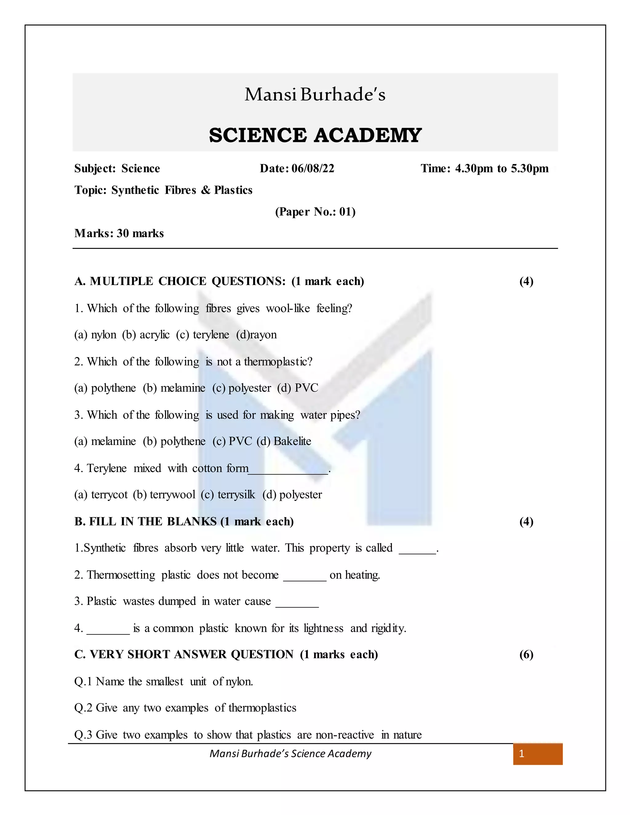 Test synthetic fibres and plastics.doc