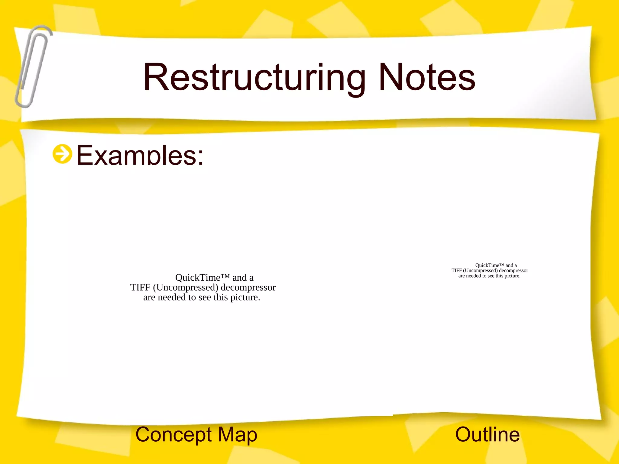 Restructuring Notes
Examples:


                                                   QuickTime™ and a
                                        TIFF (Uncompressed) decompressor
              QuickTime™ and a             are needed to see this picture.

   TIFF (Uncompressed) decompressor
      are needed to see this picture.




    Concept Map                          Outline
 