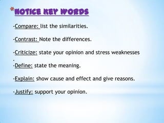 REMAINS YOURSELF OF THE AUTHORS MAIN POINT.Understand major question types:Test questions follow certain predictable patterns.Example:Almost All Passages Are Followed by one question on the main idea.Learn to recognize the type of questions and understand how they are constructed.