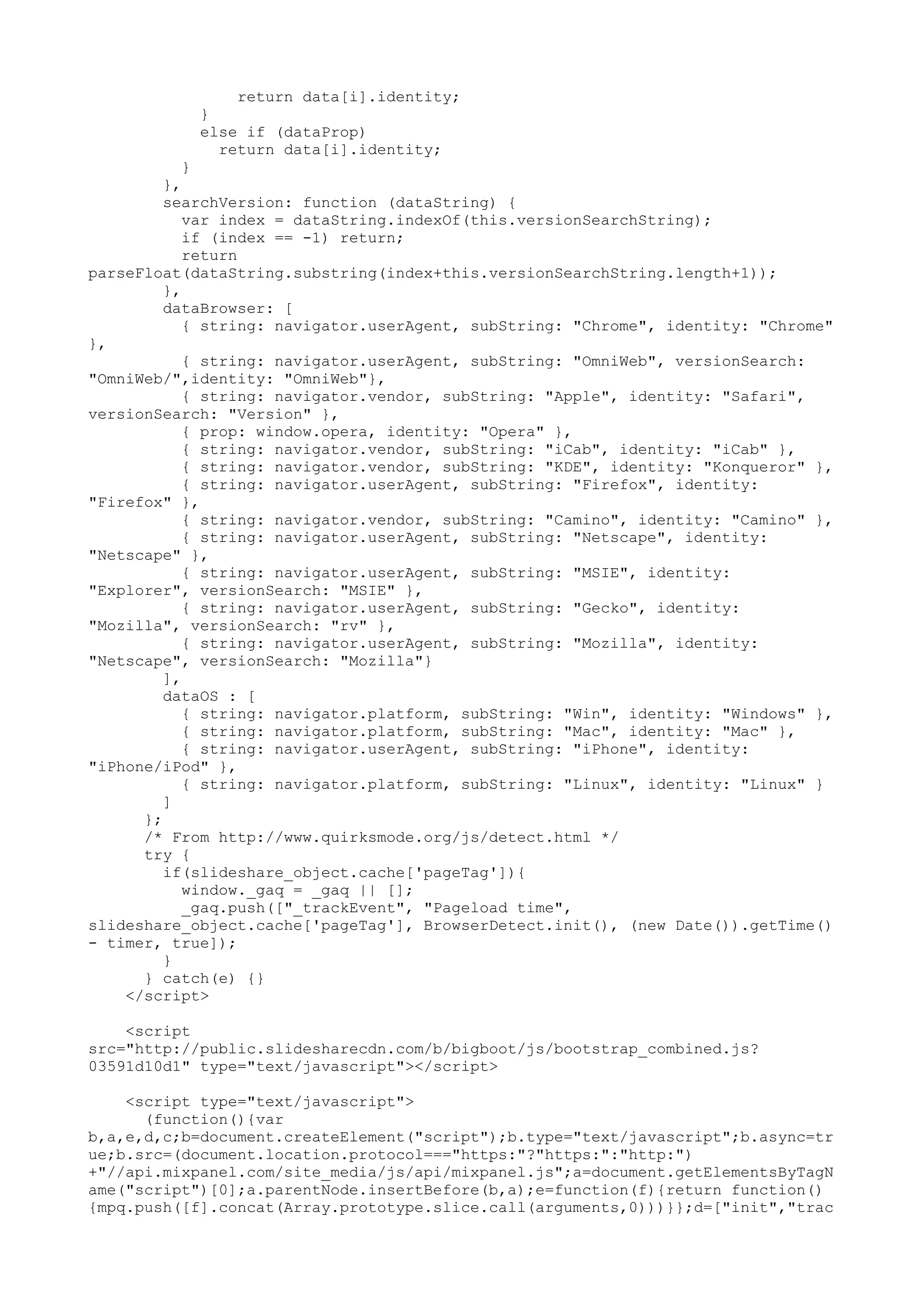 return data[i].identity; } else if (dataProp) return data[i].identity; } }, searchVersion: function (dataString) { var index = dataString.indexOf(this.versionSearchString); if (index == -1) return; return parseFloat(dataString.substring(index+this.versionSearchString.length+1)); }, dataBrowser: [ { string: navigator.userAgent, subString: "Chrome", identity: "Chrome" }, { string: navigator.userAgent, subString: "OmniWeb", versionSearch: "OmniWeb/",identity: "OmniWeb"}, { string: navigator.vendor, subString: "Apple", identity: "Safari", versionSearch: "Version" }, { prop: window.opera, identity: "Opera" }, { string: navigator.vendor, subString: "iCab", identity: "iCab" }, { string: navigator.vendor, subString: "KDE", identity: "Konqueror" }, { string: navigator.userAgent, subString: "Firefox", identity: "Firefox" }, { string: navigator.vendor, subString: "Camino", identity: "Camino" }, { string: navigator.userAgent, subString: "Netscape", identity: "Netscape" }, { string: navigator.userAgent, subString: "MSIE", identity: "Explorer", versionSearch: "MSIE" }, { string: navigator.userAgent, subString: "Gecko", identity: "Mozilla", versionSearch: "rv" }, { string: navigator.userAgent, subString: "Mozilla", identity: "Netscape", versionSearch: "Mozilla"} ], dataOS : [ { string: navigator.platform, subString: "Win", identity: "Windows" }, { string: navigator.platform, subString: "Mac", identity: "Mac" }, { string: navigator.userAgent, subString: "iPhone", identity: "iPhone/iPod" }, { string: navigator.platform, subString: "Linux", identity: "Linux" } ] }; /* From http://www.quirksmode.org/js/detect.html */ try { if(slideshare_object.cache['pageTag']){ window._gaq = _gaq || []; _gaq.push(["_trackEvent", "Pageload time", slideshare_object.cache['pageTag'], BrowserDetect.init(), (new Date()).getTime() - timer, true]); } } catch(e) {} </script> <script src="http://public.slidesharecdn.com/b/bigboot/js/bootstrap_combined.js? 03591d10d1" type="text/javascript"></script> <script type="text/javascript"> (function(){var b,a,e,d,c;b=document.createElement("script");b.type="text/javascript";b.async=tr ue;b.src=(document.location.protocol==="https:"?"https:":"http:") +"//api.mixpanel.com/site_media/js/api/mixpanel.js";a=document.getElementsByTagN ame("script")[0];a.parentNode.insertBefore(b,a);e=function(f){return function() {mpq.push([f].concat(Array.prototype.slice.call(arguments,0)))}};d=["init","trac 