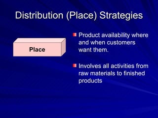 Distribution (Place) Strategies Place Product availability where and when customers want them. Involves all activities from raw materials to finished products 
