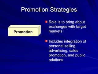 Promotion Strategies Promotion Role is to bring about exchanges with target markets Includes integration of personal selling, advertising, sales promotion, and public relations 