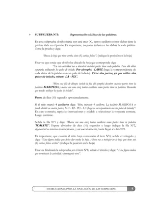 9
SUBPRUEBA Nº3: Segmentación silábica de las palabras.
En esta subprueba el niño marca con una cruz (X), tantos casilleros como sílabas tiene la
palabra dada en el patrón. Es importante, no poner énfasis en las sílabas de cada palabra.
Tome la prueba y diga:
“Busca la hoja que tiene arriba cinco (5) caritas felices”. (indique la posición en la hoja)
Una vez que coteje que el niño ha ubicado la hoja que corresponde diga:
“En esta actividad vas a descubrir cuántas partes tiene cada palabra. Para ello debes
separarla utilizando los palos de helado. Por ejemplo: LÁPIZ (haga la correspondencia de
cada sílaba de la palabra con un palo de helado). Tiene dos partes, ya que utilice dos
palos de helado, miren: LÁ - PIZ”.
“Mira esta fila de dibujos (señale la fila del ejemplo) descubre cuántas partes tiene la
palabra MARIPOSA y marca con una cruz tantos casilleros como partes tiene la palabra. Recuerda
que puedes utilizar los palos de helado”.
Pausa de diez (10) segundos aproximadamente.
Si el niño marcó 4 casilleros diga: “Bien, marcaste 4 casilleros. La palabra MARIPOSA se
puede dividir en cuatro partes, MA - RI - PO - SA (haga la correspondencia con los palos de helado)”.
En caso contrario, repita las instrucciones y ayúdelo a seleccionar la respuesta correcta.
Luego continúe.
Señale la fila Nº1 y diga: “Marca con una cruz tantos casilleros como partes tiene la palabra
TOMATE”. Espere alrededor de diez (10) segundos y luego indique la fila Nº2,
siguiendo las mismas instrucciones, y así sucesivamente, hasta llegar a la fila Nº8.
Es importante, que cuando el niño haya contestado el ítem Nº4, señale el triángulo y
diga: “Esta figura indica que debes dar vuelta la hoja. Ahora vas a trabajar en la hoja que tiene seis
(6) caritas felices arriba”. (indique la posición en la hoja)
Una vez finalizada la subprueba, en el ítem Nº8, señale el círculo y diga: “ Esta figura indica
que terminaste la actividad y comenzarás otra”.
INSTRUCCIONES PARA LA APLICACIÓN DE LAS SUBPRUEBAS
 