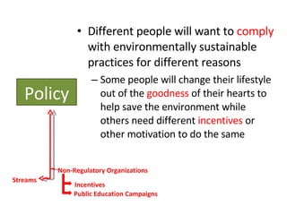 Different people will want to  comply  with environmentally sustainable practices for different reasons Some people will change their lifestyle out of the  goodness  of their hearts to help save the environment while others need different  incentives  or other motivation to do the same Policy Streams Non-Regulatory Organizations Incentives Public Education Campaigns 