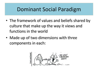 Dominant Social Paradigm The framework of values and beliefs shared by culture that make up the way it views and functions in the world Made up of two dimensions with three components in each: 