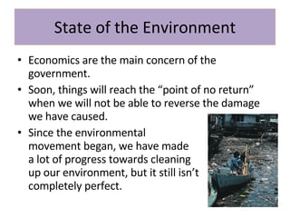 State of the Environment Economics are the main concern of the government. Soon, things will reach the “point of no return” when we will not be able to reverse the damage we have caused. Since the environmental  movement began, we have made  a lot of progress towards cleaning  up our environment, but it still isn’t  completely perfect. 