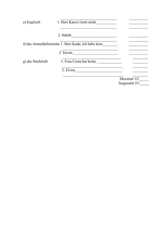 ______________________________            __________
e) Englisch         1. Herr Karovi lernt nicht___________       __________
                      ______________________________            __________

                     2. Habib________________________            __________
                       ______________________________            __________
f) das Anmeldeformular 1. Herr Kada, ich habe kein________       __________
                        ______________________________           __________
                      2. Istvan, _______________________         __________
                         _______________________________           ________
g) die Nachricht       1. Frau Costa hat keine _____________       ________
                         ________________________________          ________
                         2. Elvira_________________________        ________
                          ________________________________         ________
                                                            Maximal 12/_____
                                                           Insgesamt 51/_____
 