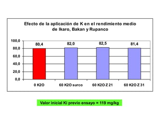 Efecto de la aplicación de K en el rendimiento medio
                      de Ikaro, Bakan y Rupanco

100,0
             80,4            82,0             82,5             81,4
 80,0

 60,0

 40,0

 20,0

  0,0
            0 K2O        60 K2O surco     60 K2O Z 21       60 K2O Z 31



               Valor inicial Ki previo ensayo = 119 mg/kg
 