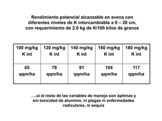 Rendimiento potencial alcanzable en avena con
    diferentes niveles de K intercambiable a 0 – 20 cm,
   con requerimiento de 2.0 kg de K/100 kilos de granos



100 mg/kg   120 mg/kg     140 mg/kg     160 mg/kg     180 mg/kg
  K int       K int         K int         K int         K int


   65          78            91            104            117
 qqm/ha      qqm/ha        qqm/ha        qqm/ha         qqm/ha



      ….si el resto de las variables de manejo son óptimas y
      sin toxicidad de aluminio, ni plagas ni enfermedades
                        radiculares, ni sequía
 